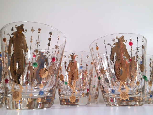 Culver Mid-Century Mardi Gras Jester Double Old Fashion With Jewels Glasses (Set of 4)