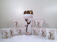 Load image into Gallery viewer, Gay Fad 1950s Court Jester Cocktail Shaker and 8 Single Old Fashioned Glasses Set
