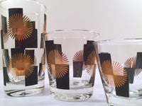 Load image into Gallery viewer, Anchor Hocking - Mid-Century Black Square with 22-Karat Gold Atomic Burst Bar Set  (Set of 24 Glasses)
