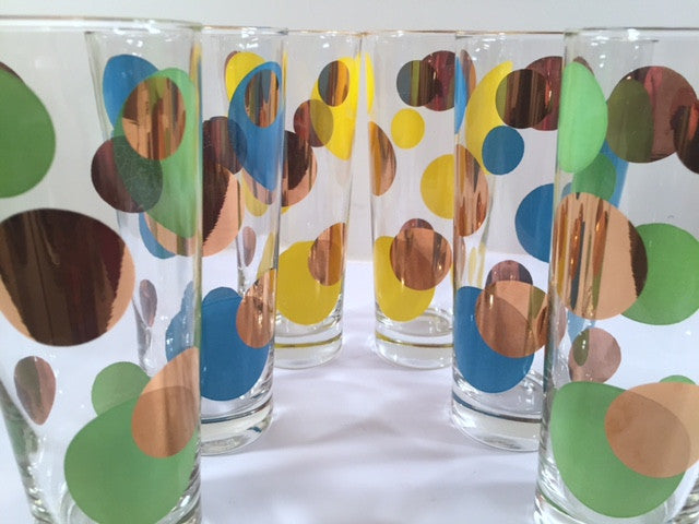 Russel Wright Mid-Century Bright Blue, Green, Yellow & 22-Karat Gold Eclipse Tall Collins Glasses (Set of 6)