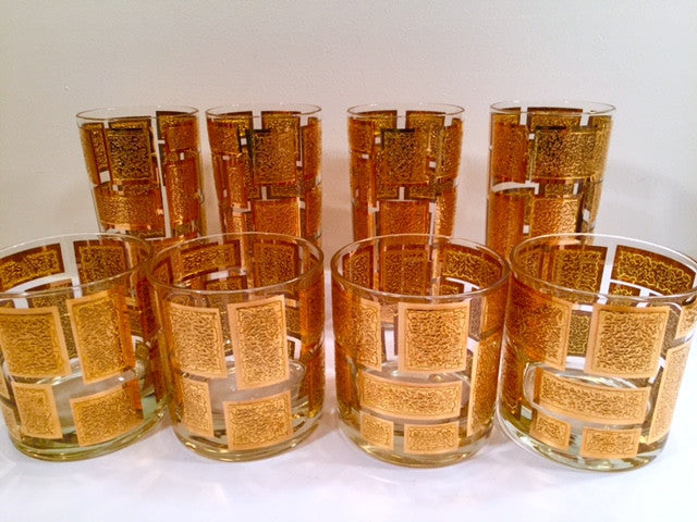 Culver Mid-Century 22-Karat Gold Embossed Rectangular Bar Set (Set of 8 Glasses)