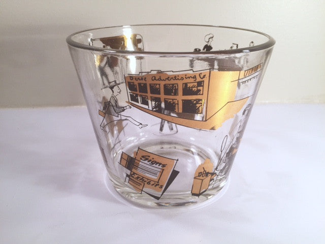 Mid-Century 22-Karat Gold and Black Mad Men Advertising Glass Ice Bucket with Carrier