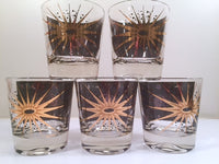 Load image into Gallery viewer, Fred Press - Signed Mid-Century Celestial/Atomic Burst 22-Karat Gold &amp; Black Whiskey Glasses (Set of 5)
