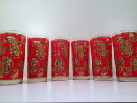 Load image into Gallery viewer, Culver Mid-Century Red &amp; 22-Karat Gold Paisley Bar Set (6 Glasses and Carrier)
