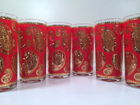 Load image into Gallery viewer, Culver Mid-Century Red &amp; 22-Karat Gold Paisley Bar Set (6 Glasses and Carrier)
