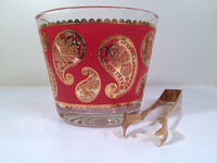 Load image into Gallery viewer, Culver Signed Mid-Century Red &amp; 22-Karat Gold Paisley Ice Container and Tongs
