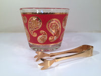 Load image into Gallery viewer, Culver Signed Mid-Century Red &amp; 22-Karat Gold Paisley Ice Container and Tongs
