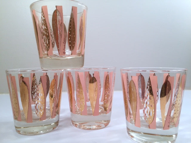 Fred Press Signed Mid-Century Pink and Clear 22-Karat Gold Leaves Whiskey Glasses (Set of 4)