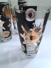 Load image into Gallery viewer, Fred Press - Signed Mid-Century Celestial/Atomic Burst 22-Karat Gold &amp; Black Glasses (Set of 6)
