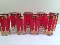 Load image into Gallery viewer, Fred Press Signed Mid-Century Red Stripes &amp; 22-Karat Gold Crown Highball Glasses with Carrier (8 Glasses and Carrier)
