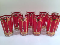 Load image into Gallery viewer, Fred Press Signed Mid-Century Red Stripes &amp; 22-Karat Gold Crown Highball Glasses with Carrier (8 Glasses and Carrier)
