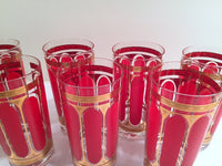 Load image into Gallery viewer, Fred Press Signed Mid-Century Red Stripes &amp; 22-Karat Gold Crown Highball Glasses with Carrier (8 Glasses and Carrier)
