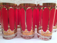 Load image into Gallery viewer, Fred Press Signed Mid-Century Red Stripes &amp; 22-Karat Gold Crown Highball Glasses with Carrier (8 Glasses and Carrier)
