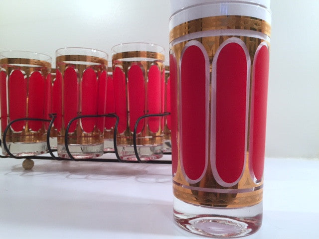 Fred Press Signed Mid-Century Red Stripes & 22-Karat Gold Crown Highball Glasses with Carrier (8 Glasses and Carrier)