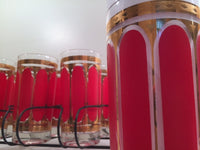 Load image into Gallery viewer, Fred Press Signed Mid-Century Red Stripes &amp; 22-Karat Gold Crown Highball Glasses with Carrier (8 Glasses and Carrier)
