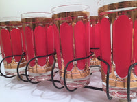 Load image into Gallery viewer, Fred Press Signed Mid-Century Red Stripes &amp; 22-Karat Gold Crown Highball Glasses with Carrier (8 Glasses and Carrier)
