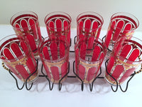 Load image into Gallery viewer, Fred Press Signed Mid-Century Red Stripes &amp; 22-Karat Gold Crown Highball Glasses with Carrier (8 Glasses and Carrier)

