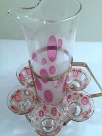 Load image into Gallery viewer, Fred Press Signed Mid-Century Classic Pink and Frosted Cocktail Set (6 Glasses &amp; 1 Pitcher &amp; 1 Carrier)
