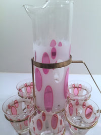 Load image into Gallery viewer, Fred Press Signed Mid-Century Classic Pink and Frosted Cocktail Set (6 Glasses &amp; 1 Pitcher &amp; 1 Carrier)

