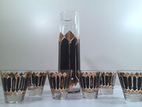 Load image into Gallery viewer, Fred Press Signed Mid-Century Black and 22-Karat Gold Diamonds Retro 8-Piece Cocktail Set (1 Pitcher, 1 Carrier, 6 Glasses)
