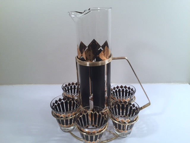 Fred Press Signed Mid-Century Black and 22-Karat Gold Diamonds Retro 8-Piece Cocktail Set (1 Pitcher, 1 Carrier, 6 Glasses)