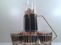 Load image into Gallery viewer, Fred Press Signed Mid-Century Black and 22-Karat Gold Diamonds Retro 8-Piece Cocktail Set (1 Pitcher, 1 Carrier, 6 Glasses)

