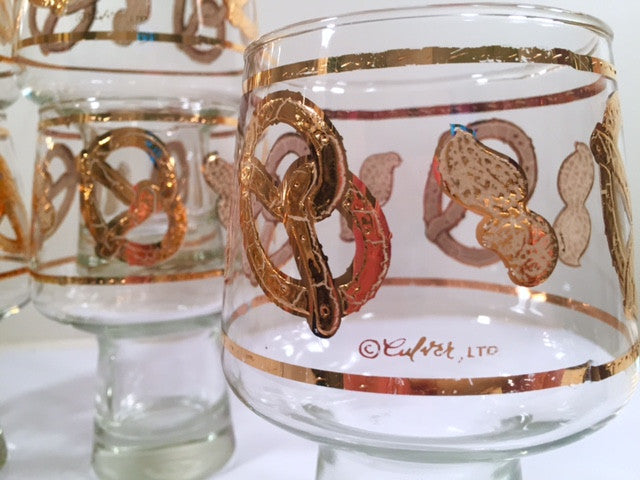 Culver Signed Mid-Century 22-Karat Gold Peanuts and Pretzels Glasses (Set of 6)