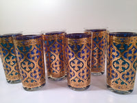 Load image into Gallery viewer, Georges Briard Signed Mid-Century Firenza Blue and 22-Karat Gold Italian Renaissance Cross Highball Glasses (Set of 6)
