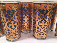 Load image into Gallery viewer, Georges Briard Signed Mid-Century Firenza Blue and 22-Karat Gold Italian Renaissance Cross Highball Glasses (Set of 6)
