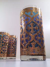 Load image into Gallery viewer, Georges Briard Signed Mid-Century Firenza Blue and 22-Karat Gold Italian Renaissance Cross Highball Glasses (Set of 6)
