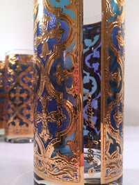 Load image into Gallery viewer, Georges Briard Signed Mid-Century Firenza Blue and 22-Karat Gold Italian Renaissance Cross Highball Glasses (Set of 6)
