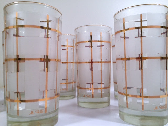 Libbey Mid-Century Golden Plaid M. Petti Signed Glasses (Set of 8 with Original Box)
