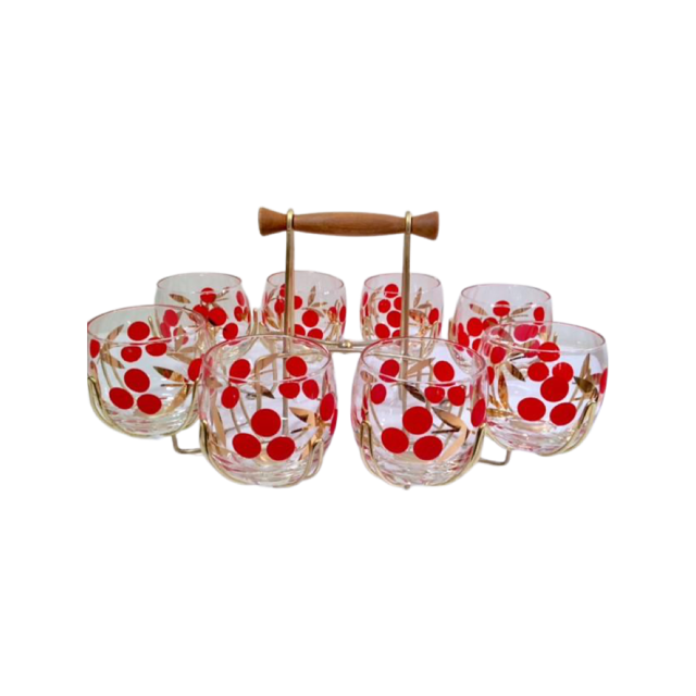 Federal Glass Mid-Century Cherry Roly Poly Glasses with Carrier (8 Glasses and Carrier)
