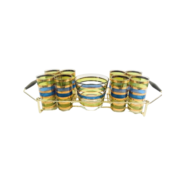 Culver Signed Mid-Century Rondo Blue-Green and Gold Stripe 10-Piece Bar Set