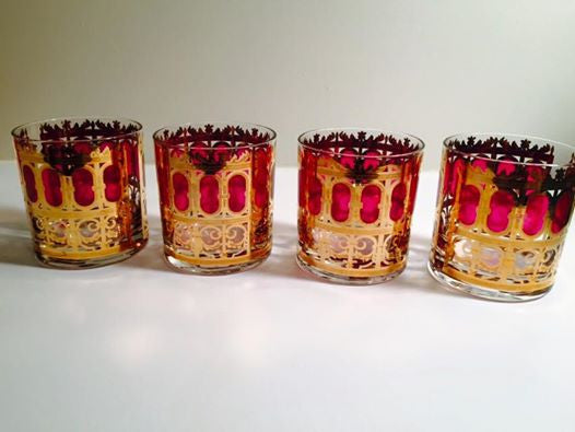 Culver Signed LTD Vintage Cranberry Scroll Rocks Glasses (Set of 4)