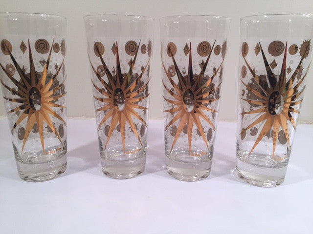 Fred Press - Signed Mid-Century Frosted White & 22-Karat Gold Atomic Starburst Collins Glasses (Set of 4)