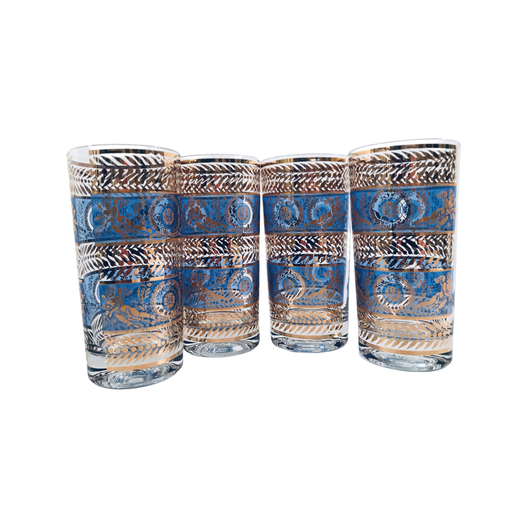 Vintage Hollywood Regency Gold and Blue Cherub Baroque Highball Glasses (Set of 4)