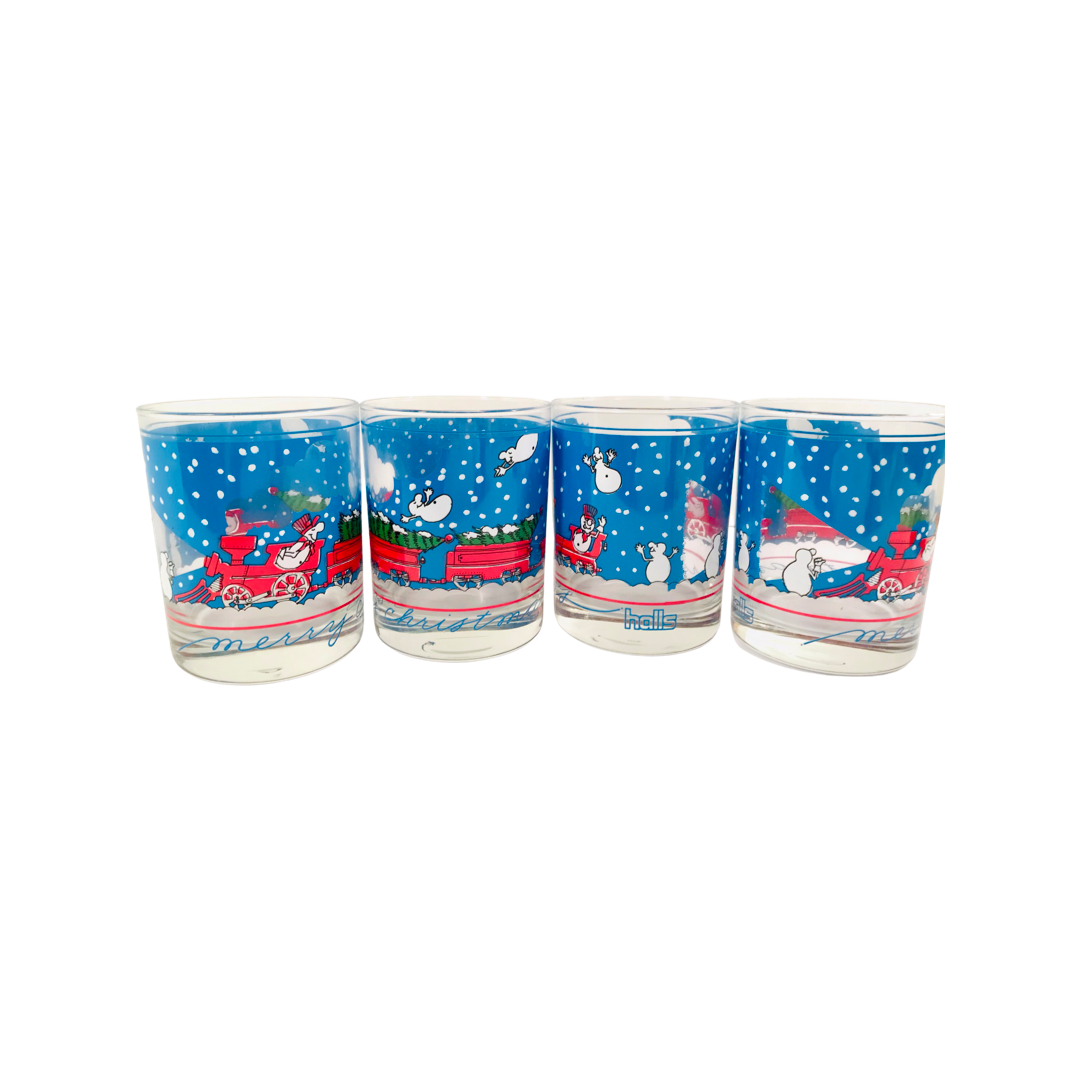 Cera Glass Mid-Century Snowman and Train Double Old Fashion Glasses (Set of 4)