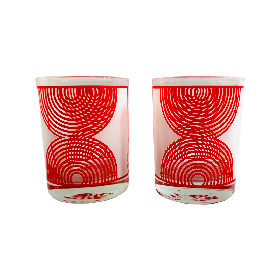 Georges Briard Signed Red and White Abstract Double Old Fashion Glasses (Set of 2)