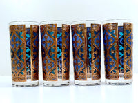 Load image into Gallery viewer, Georges Briard Signed Mid-Century Firenza Blue and 22-Karat Gold Italian Renaissance Cross Highball Glasses (Set of 4)
