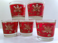 Load image into Gallery viewer, Starlyte Mid-Century Red and 22-Karat Gold Flower Old Fashion Glasses (Set of 5)
