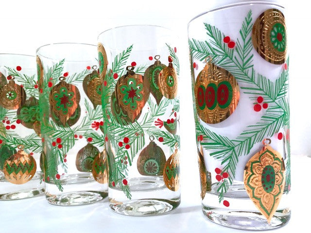 Culver Signed Mid-Century Christmas Tree with Bird and Ornament Highball Glasses (Set of 6)