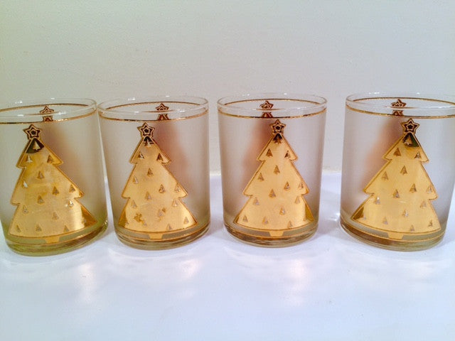 Culver Signed Mid-Century Lord and Taylor 22-Karat Gold Christmas Tree Double Old Fashion Glasses (Set of 4)