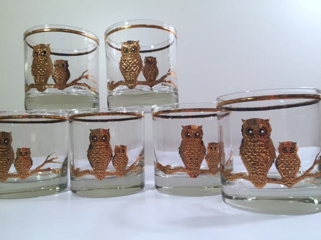 Culver - Signed 22-Karat Gold Retro Owl Old Fashion Glasses (Set of 6)