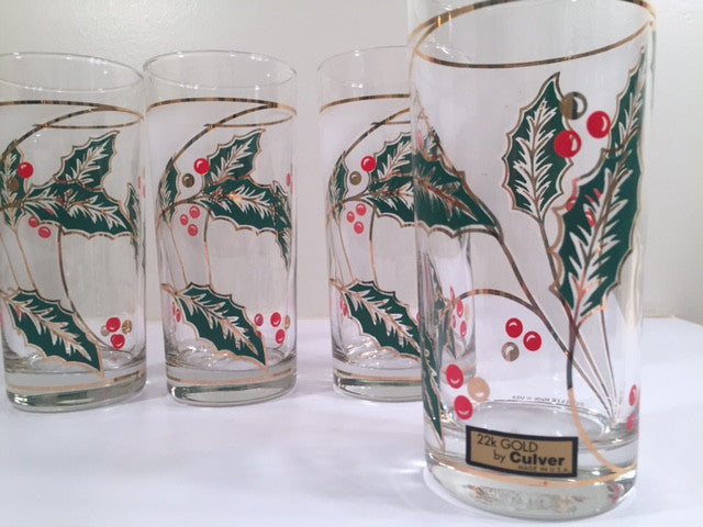 Culver Signed Mid-Century Holly Leaf Glasses (Set of 4 with Original Box)