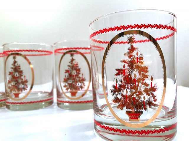 Otagiri Signed Mid-Century Christmas Tree Double Old Fashion Glasses (Set of 4)