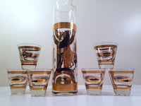 Load image into Gallery viewer, Fred Press Signed Mid-Century Trojan Horse 7-Piece Bar Set (1 Pitcher &amp; 6 Glasses)
