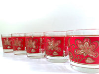 Load image into Gallery viewer, Starlyte Mid-Century Red and 22-Karat Gold Flower Old Fashion Glasses (Set of 5)
