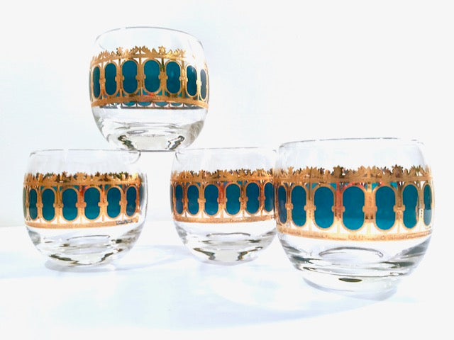 Culver Signed Mid-Century Emerald Azure Scroll Roly Poly Glasses (Set of 4)