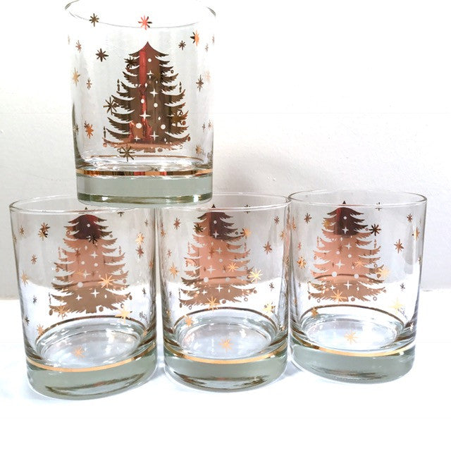 Georges Briard Signed Golden Christmas Tree Double Old Fashion Glasses (Set of 4)